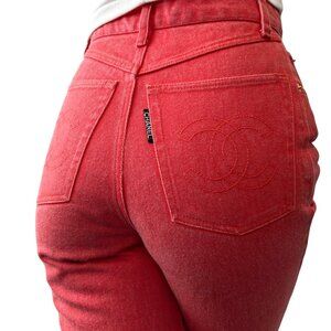 CHANEL Vintage CC Logo Half Pants #36 Red Gold Cotton Button Stitch [105807]